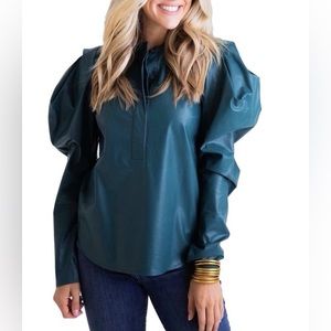 Karlie Teal Faux Leather Puff Sleeve Top